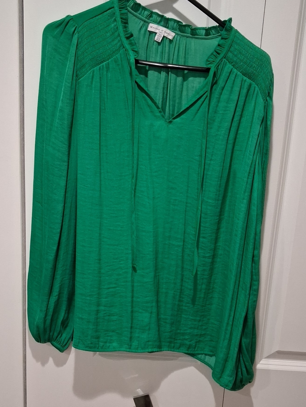 Emerald Peasant Blouse with Ruffle Neckline